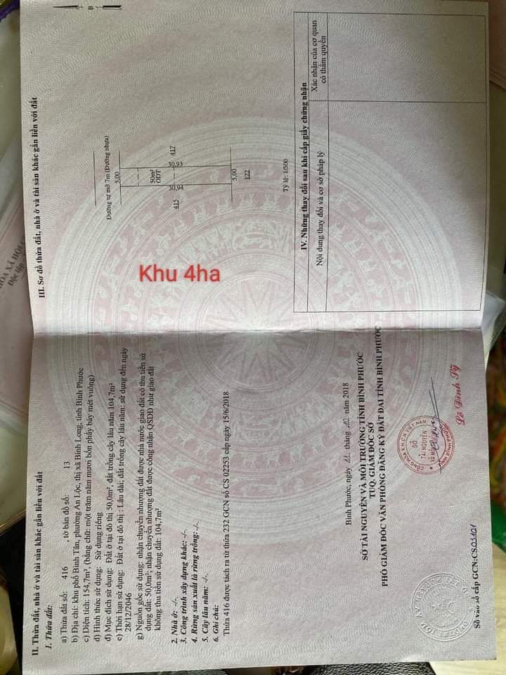 Bán đất khu phố Bình Tân phường An Lộc giá 490tr dt 5×30×50tc