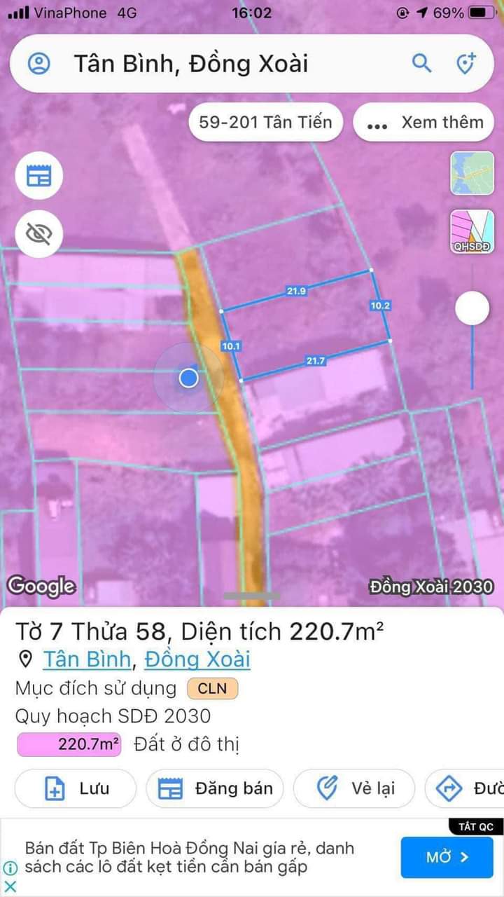 Bán đất phường Tân Bình giá 1tỷ050 dt 10×22×40tc