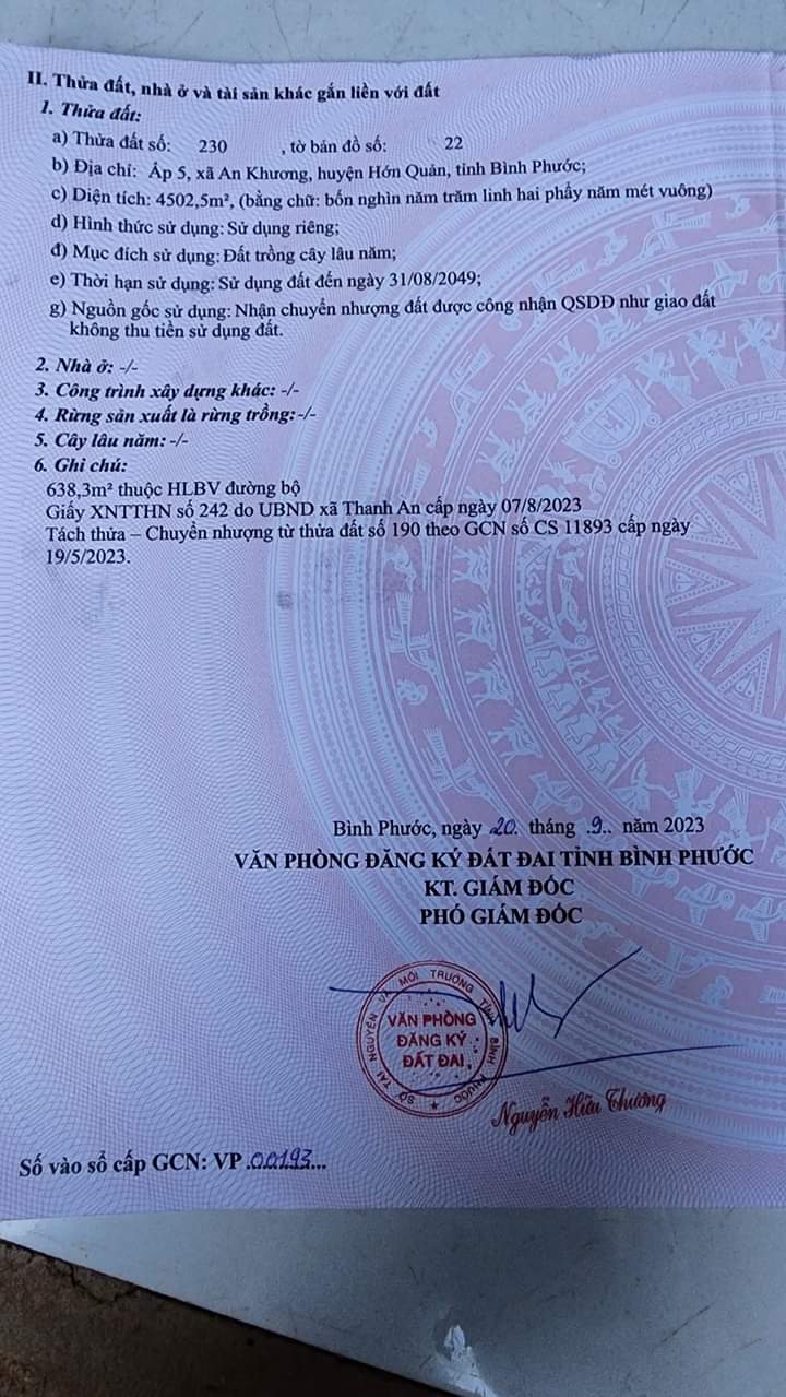Bán đất ấp 5 xã An Khương giá 1 tỷ 100tr dt 4,5 sào