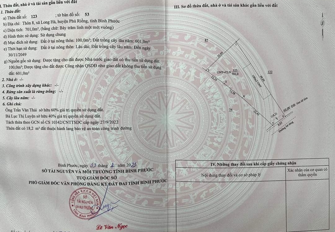 Bán đất xã Long Hà dt 8*48*100tc giá 420tr