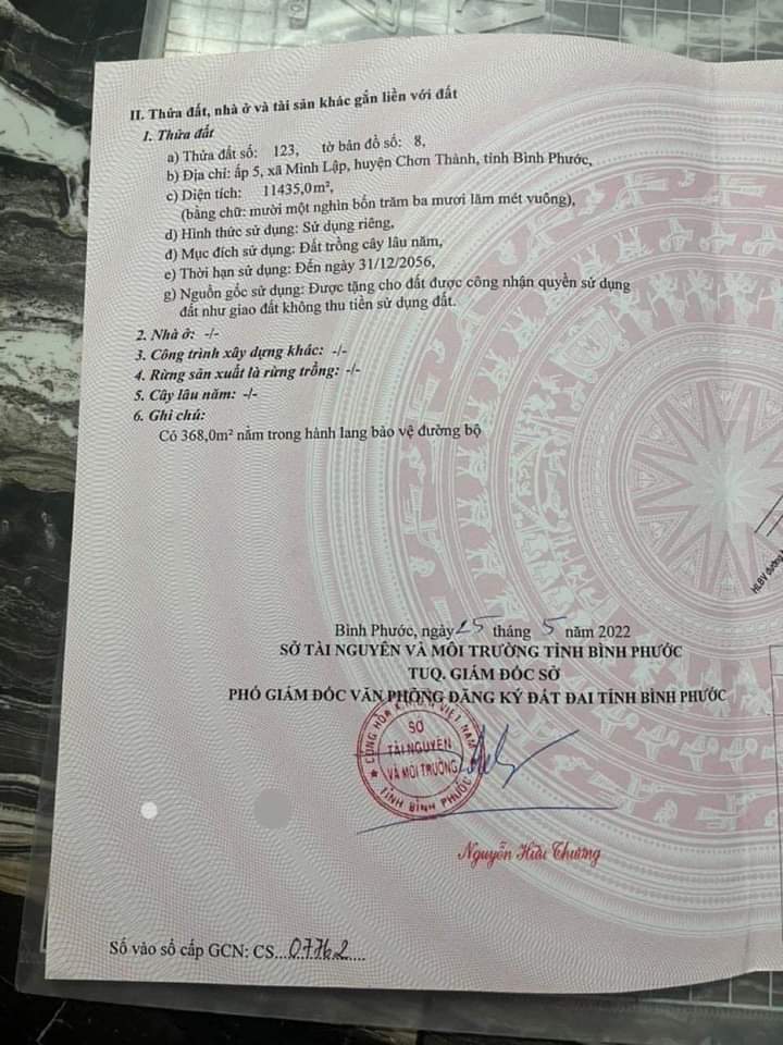 Bán đất ấp 5 xã Minh Lập giá 1 tỷ 800tr dt 1,1 ha