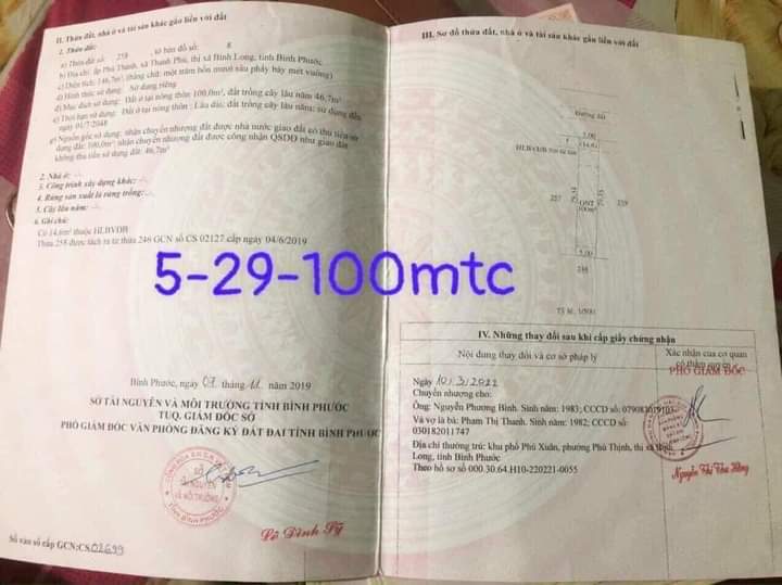Bán đất xã Thanh Phú giá 285tr dt 5×29×100tc