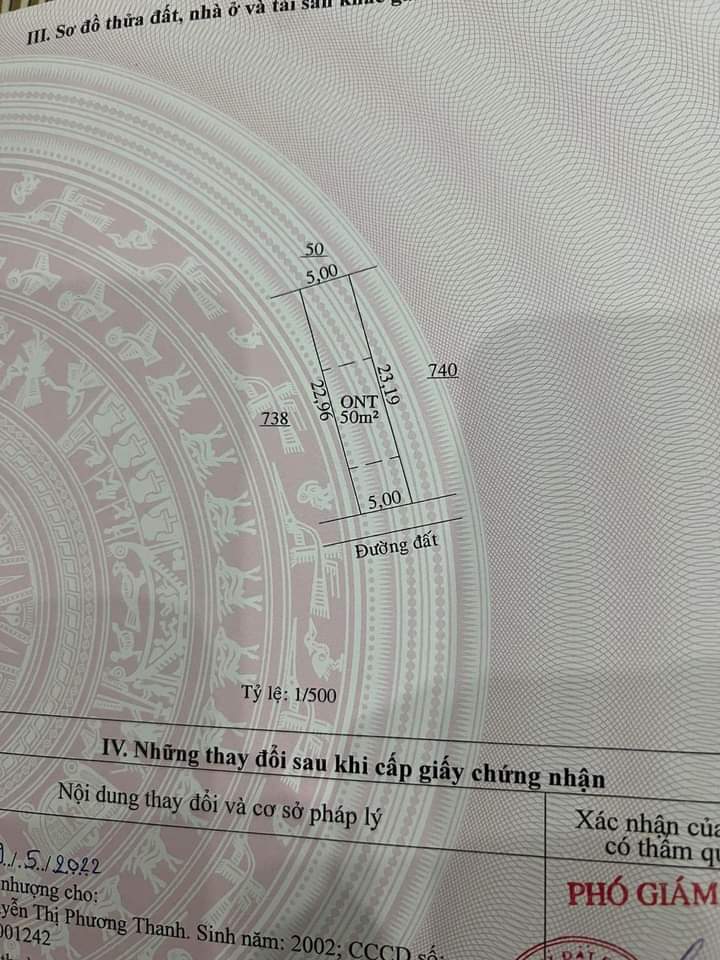 Bán đất xã Thanh Phú giá 260tr dt 5×23