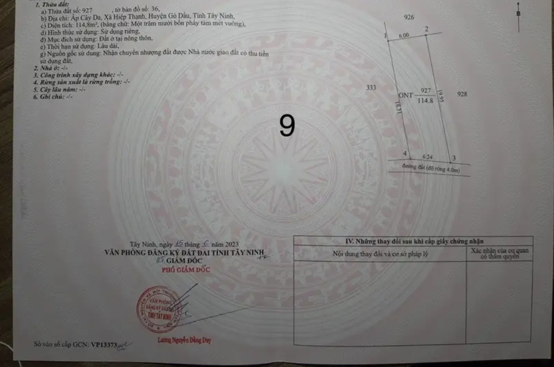Bán đất xã Hiệp Thạnh dt 6*20 full tc giá 360tr