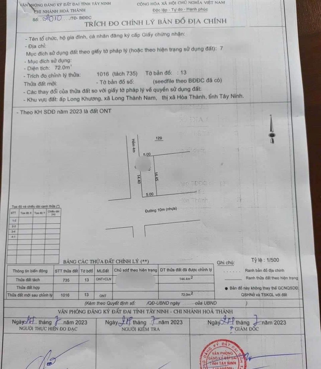 Bán đất xã Long Thành Nam dt 4,41*14,5*50tc giá 500tr