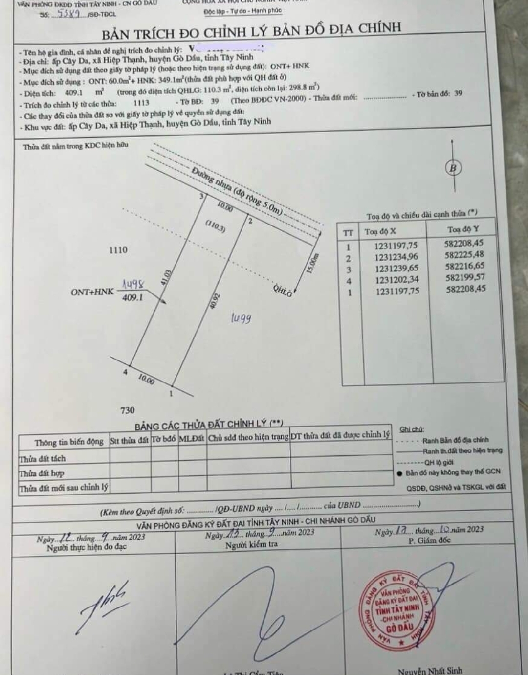 Bán đất xã Hiệp Thạnh dt 10*41*60tc giá 920tr